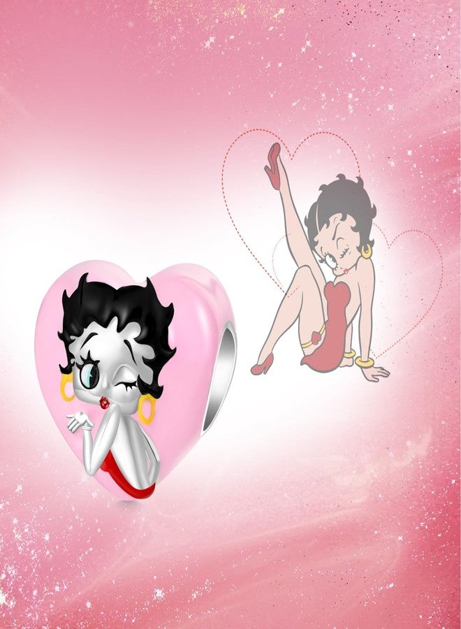 GNOCE Pink Heart Classy Betty Boop Charm, S925 Sterling Silver Dangle Charms for Women Wife, Valentine‘s Day, Mother’s Day Jewelry Gift - Image 3