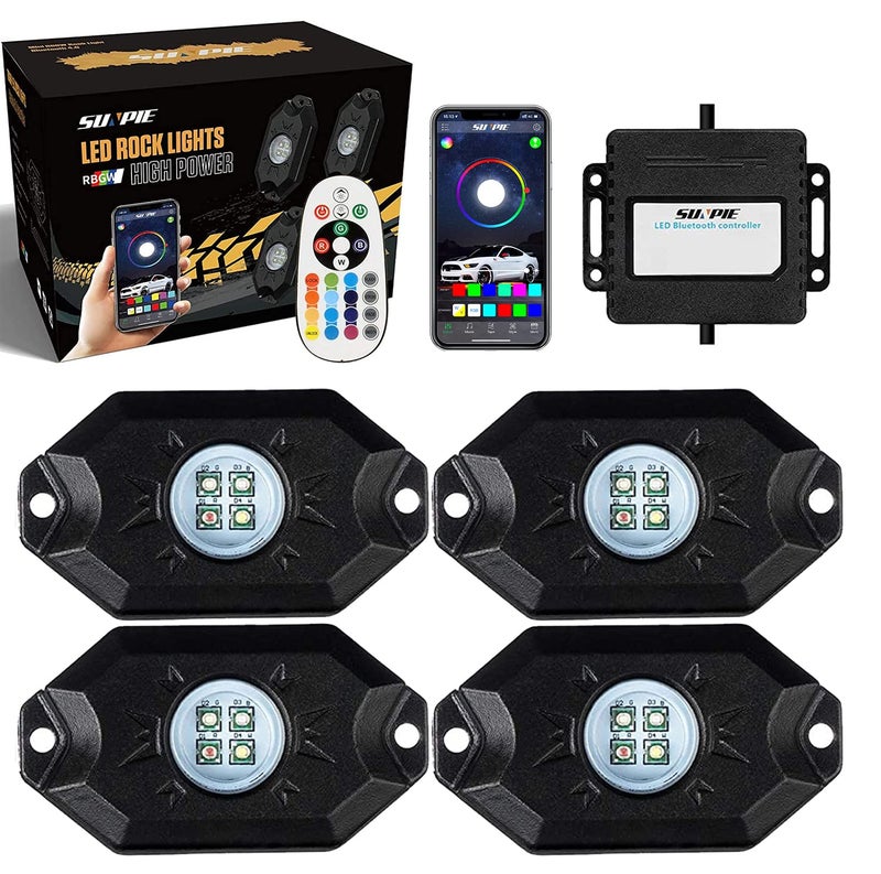 SUNPIE 4 Pods RGBW Rock Lights Aluminium Metal Underglow Light Kit App RF Voice Mode Music Mode Multicolor Wheel Well Lights for Off Road Trucks SUV ATV UTV Trailer Boats - Image 1