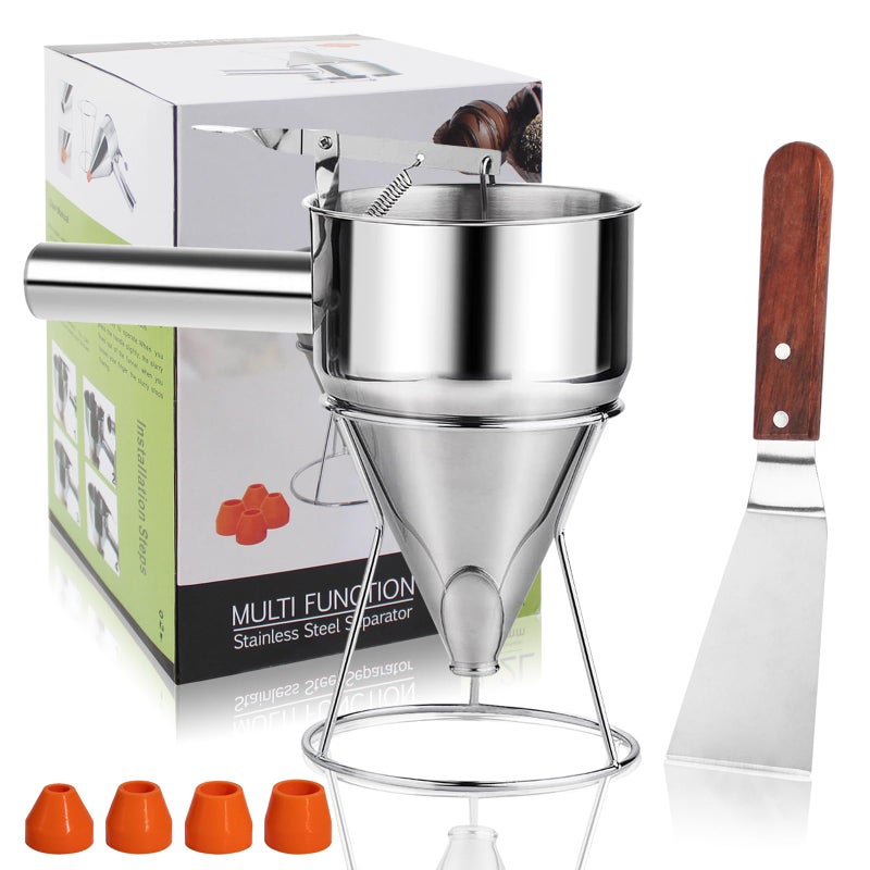 40oz Pancake Batter Dispenser Stainless Steel with Metal Spatula Stand Squeeze Handle and Versatile Silicone Funnel Baking Tool for for Pancake Cake Cupcake Waffles and Muffins Making