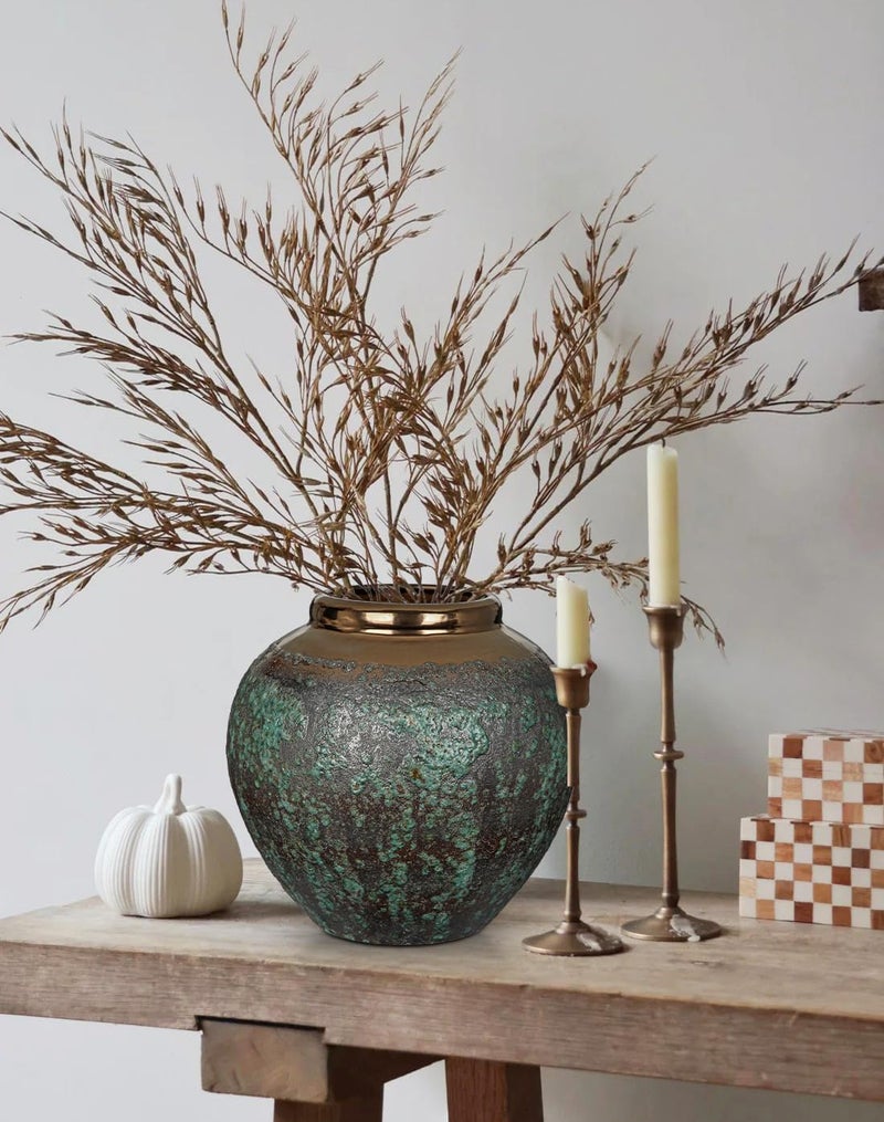 Arborus Ceramic Flower Vase, Rustic Farmhouse Flower Vase with Bronze Rim, Vintage Tall Terracotta Large Vase for Home Office Living Room, Table, Shelf, Mantel Decoration, Farmhouse - Image 3