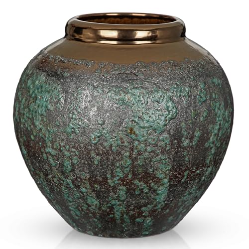 Arborus Ceramic Flower Vase, Rustic Farmhouse Flower Vase with Bronze Rim, Vintage Tall Terracotta Large Vase for Home Office Living Room, Table, Shelf, Mantel Decoration, Farmhouse - Image 2
