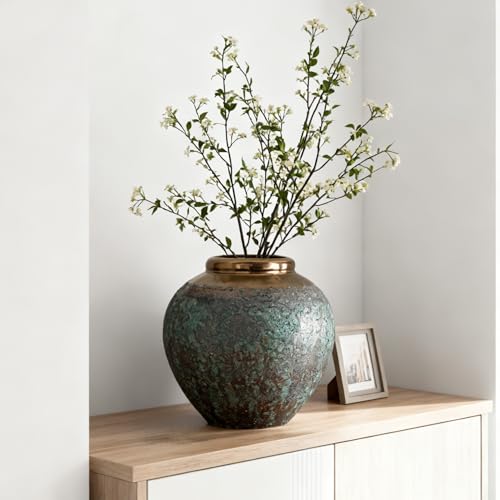 Arborus Ceramic Flower Vase, Rustic Farmhouse Flower Vase with Bronze Rim, Vintage Tall Terracotta Large Vase for Home Office Living Room, Table, Shelf, Mantel Decoration, Farmhouse - Image 1