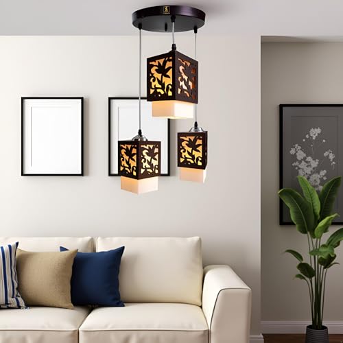 Lyse Decor 3 Lamps Each 14-Watts, Black Color, Lotus Chandelier Hanging Ceiling Light for Living Room(Wood;Plastic) - Image 2