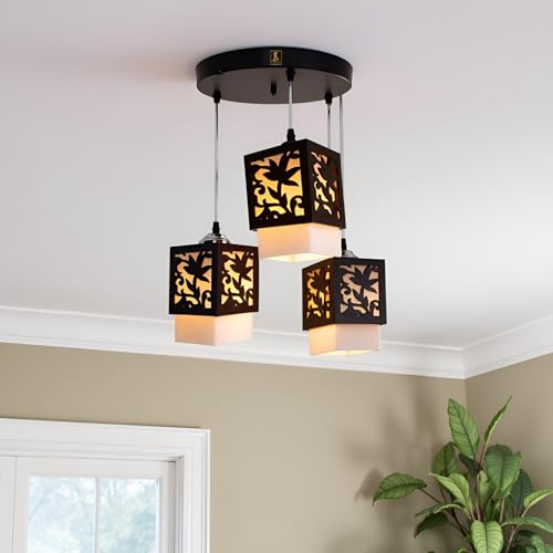 Lyse Decor 3 Lamps Each 14-Watts, Black Color, Lotus Chandelier Hanging Ceiling Light for Living Room(Wood;Plastic) - Image 4
