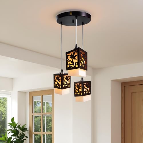 Lyse Decor 3 Lamps Each 14-Watts, Black Color, Lotus Chandelier Hanging Ceiling Light for Living Room(Wood;Plastic) - Image 1