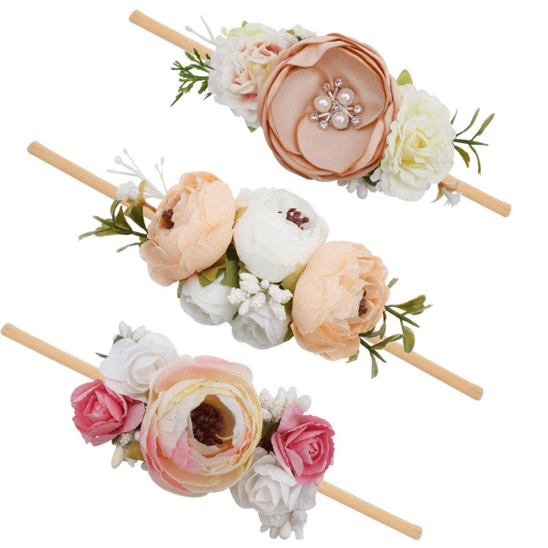 mligril Baby Girl Floral Headbands- 3pcs Nylon Headband Handmade Flower Crown Elastic Hairband Newborn Toddler Hair Accessories Gifts for Girls ï¼ˆ1-6 years oldï¼‰ - Image 1