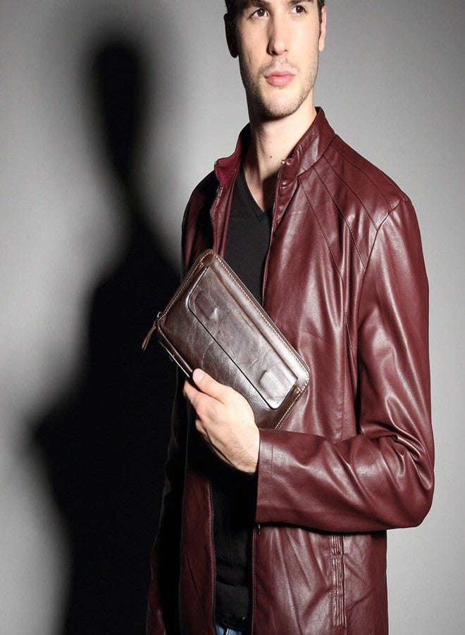 HARPIMER Real Leather Clutch Bags for Men Large Zip Around Genuine Leather Purse Vintage Retro Checkbook Handbag Coffee - Image 2