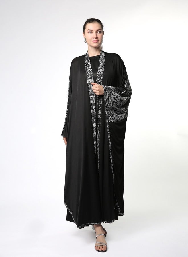 Line73 by Zahra Printed Collar Kimono Abaya - Image 1