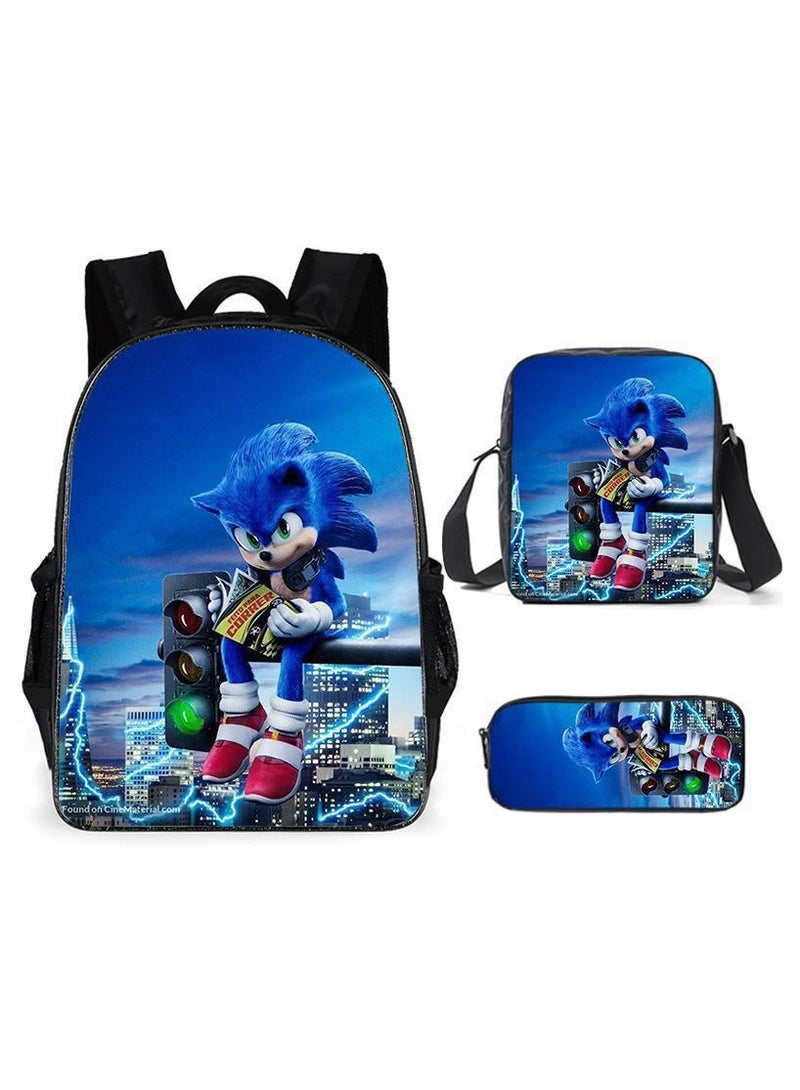 Sonic Primary School Backpack Cartoon Anime Backpack Messenger Bag Pencil Case Three-Piece Set 29*16*42cm