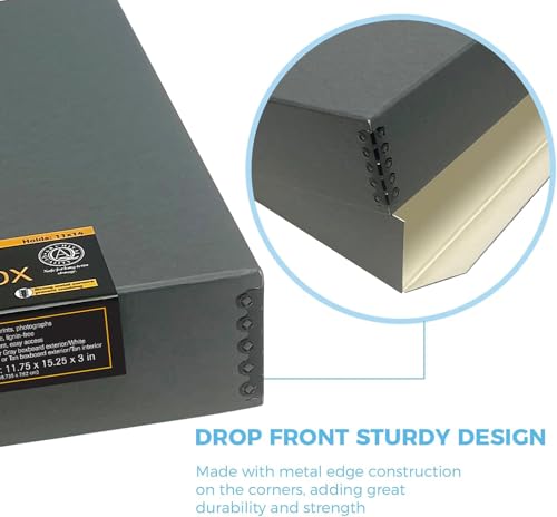 Lineco Museum Storage Box, Archival Acid-Free Buffered Drop Front Design with Metal Edges, 11x14x3 Inches, Photo Organizer Preservation Box, Gray - Image 4