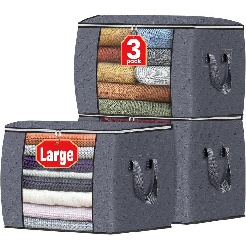 Fab totes 24 Gallons Clothes Storage, Foldable Thick Fabric Blanket Storage Bags, Containers for Organizing Bedroom, Closet, Clothing, Comforter, Organization with Handle (3 Pack,Grey) - Image 1