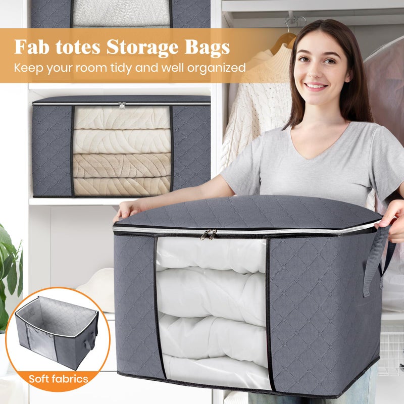 Fab totes 24 Gallons Clothes Storage, Foldable Thick Fabric Blanket Storage Bags, Containers for Organizing Bedroom, Closet, Clothing, Comforter, Organization with Handle (3 Pack,Grey) - Image 5