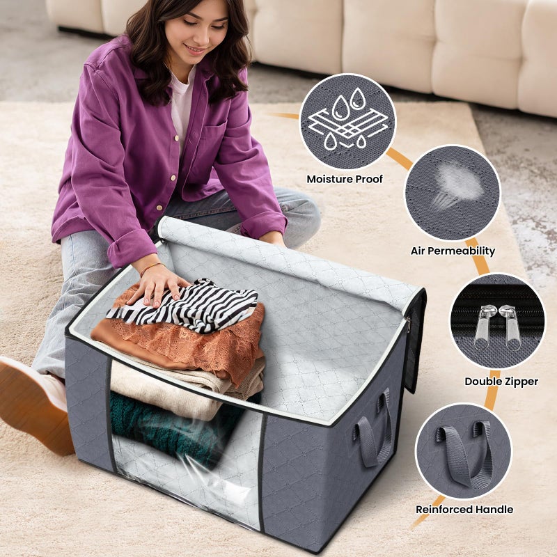 Fab totes 24 Gallons Clothes Storage, Foldable Thick Fabric Blanket Storage Bags, Containers for Organizing Bedroom, Closet, Clothing, Comforter, Organization with Handle (3 Pack,Grey) - Image 4