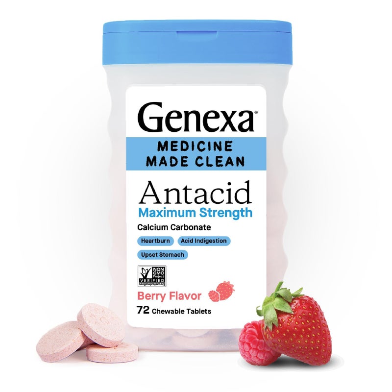 Genexa Genexa Antacid Maximum Strength Chewable Tablets Calcium Carbonate Acid Reducer Relief for Heartburn Acid Indigestion Upset Stomach Delicious Organic Berry Flavor 216 Tablets 3 Pack 