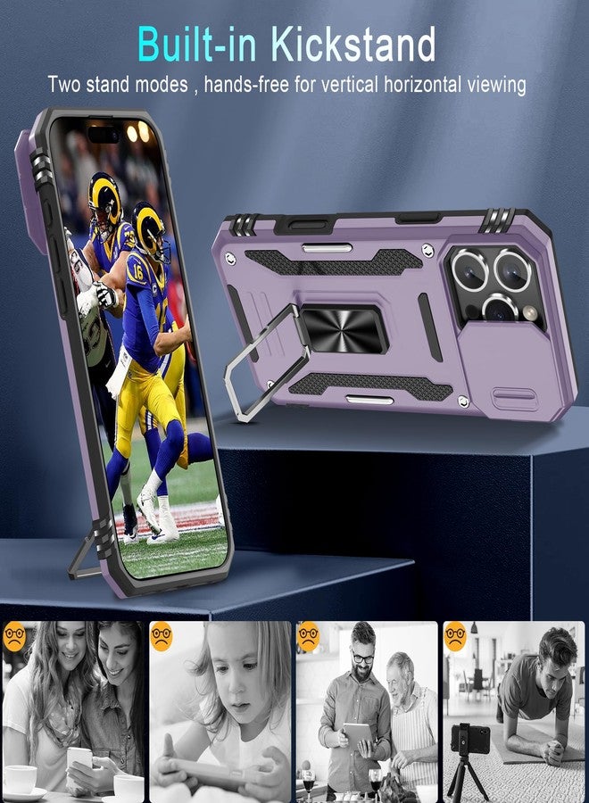 DEERLAMN جراب DEERLAMN لهاتف iPhone 16 Pro Max مع غطاء كاميرا منزلق + واقي شاشة (عبوة واحدة)، غطاء واقٍ مقاوم للصدمات بمسند حلقي دوار - بنفسجي داكن - Image 4