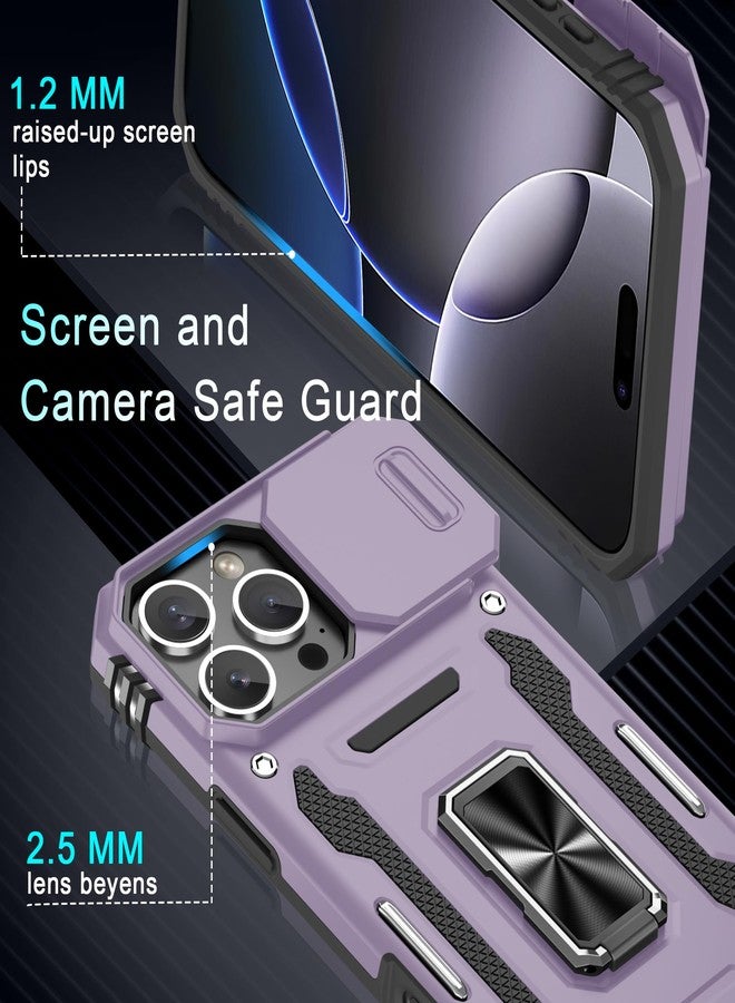 DEERLAMN جراب DEERLAMN لهاتف iPhone 16 Pro Max مع غطاء كاميرا منزلق + واقي شاشة (عبوة واحدة)، غطاء واقٍ مقاوم للصدمات بمسند حلقي دوار - بنفسجي داكن - Image 5
