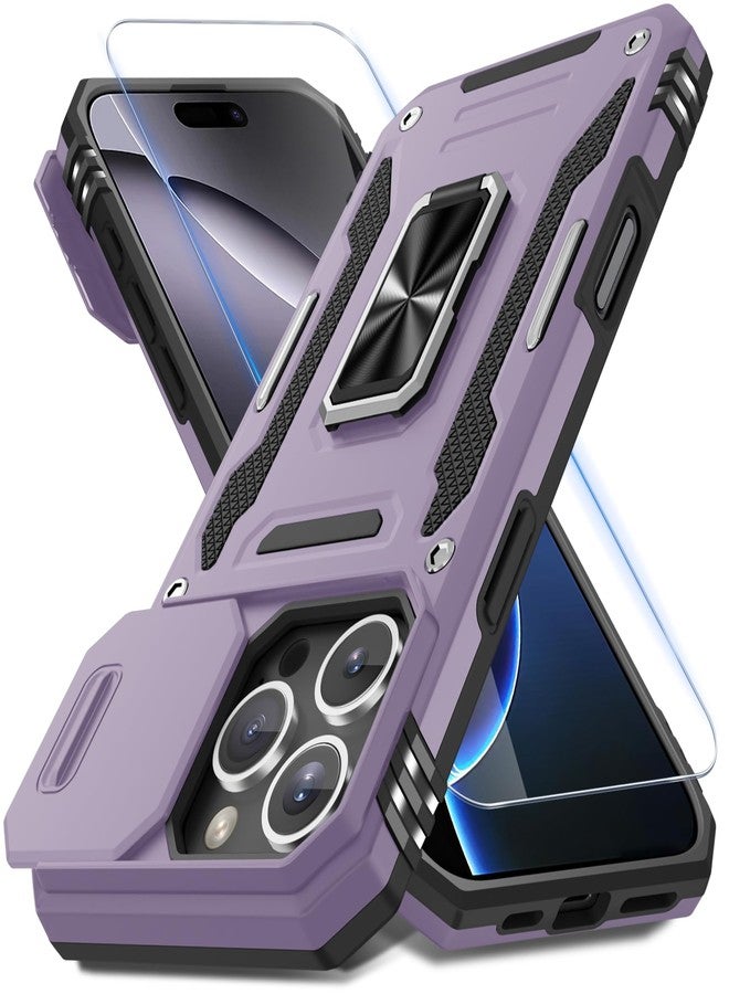 DEERLAMN جراب DEERLAMN لهاتف iPhone 16 Pro Max مع غطاء كاميرا منزلق + واقي شاشة (عبوة واحدة)، غطاء واقٍ مقاوم للصدمات بمسند حلقي دوار - بنفسجي داكن - Image 1