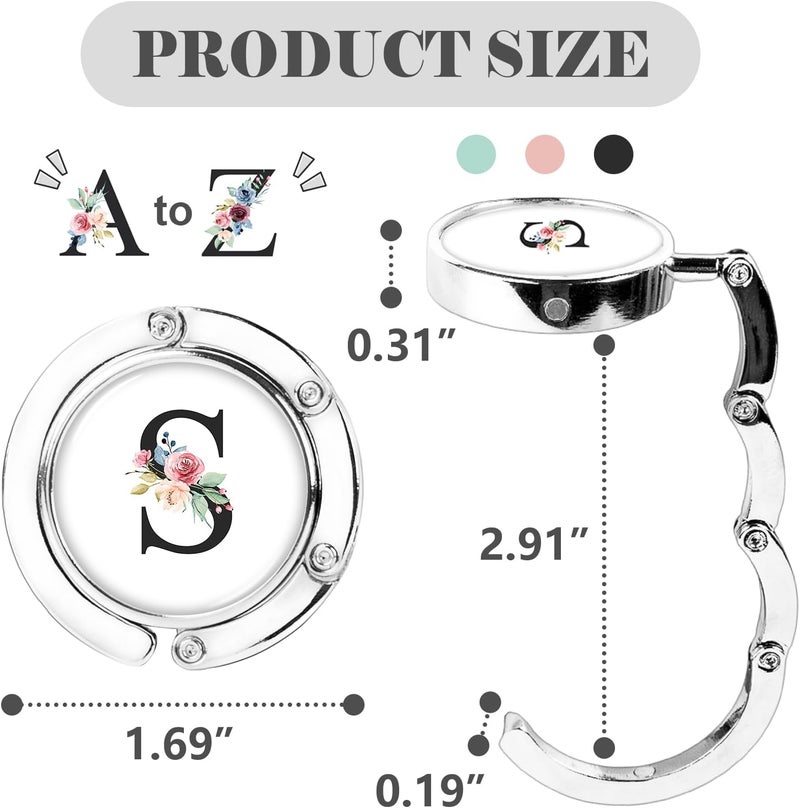 Iqimott 3pcs Personalized Initial Foldable Purse Hook for Table, Flower Letter Folding Handbag Hanger Portable Magnet Table Hook Holder, Collection Desk Purse Hooks for Women Bag (Black-S) - Image 2