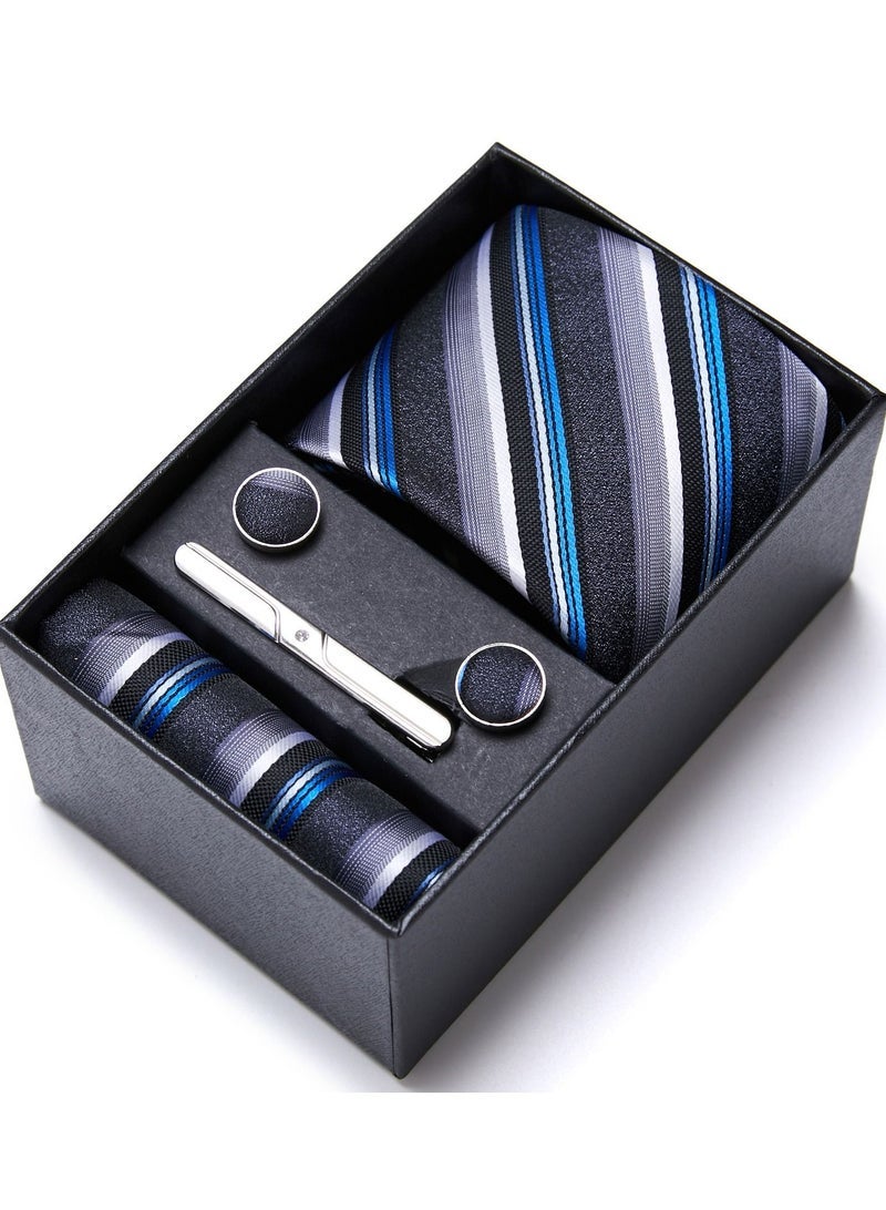 Men's Stripes Pattern Set with Pocket Square, Cufflinks & Tie Clip - Formal Tie with Handkerchief in Gift Box for Business, Wedding, Office, Parties & Corporate Gifting - Image 1
