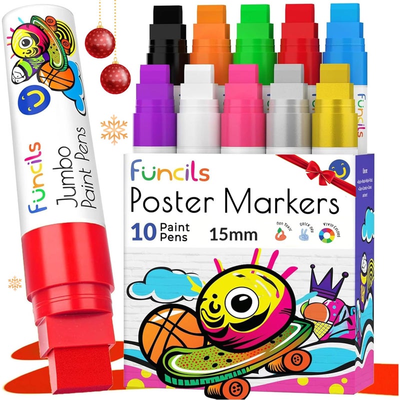 Funcils 10 Jumbo Acrylic Paint Markers - 15mm Fat Acrylic Paint Pens for Canvas, Rock Painting, Wood, Plastic, Glass - Large Thick Permanent Pens for Signs, Board, Calligraphy, Poster Markers - Image 1