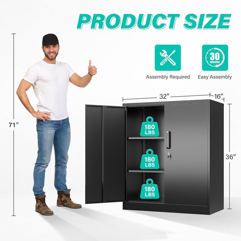 SISESOL Metal Storage Cabinet Locked Steel Cabinet with 2 Adjustable Shelves,Office Cabinet Locking Tool Cabinets,Kitchen Storage Cabinets Metal Locker Small Counter Height Storage Cupboard 36" H - Image 3