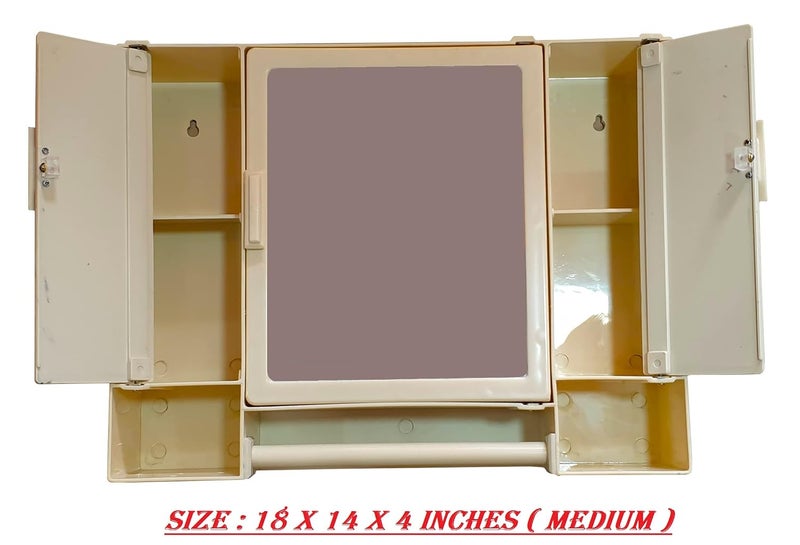 Maskey Multiuse Virgin Plastic Tripple Door Storage Bathroom Mirror Cabinet with Two Adjustable Storage Shelves and Extra Towel Rod BeigeSize 18 x 14 x 4 Inches - Image 4