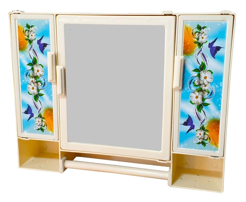 Maskey Multiuse Virgin Plastic Tripple Door Storage Bathroom Mirror Cabinet with Two Adjustable Storage Shelves and Extra Towel Rod BeigeSize 18 x 14 x 4 Inches - Image 1