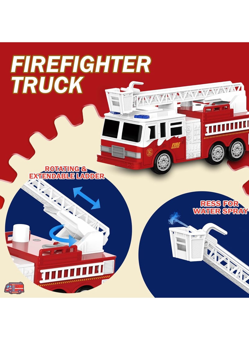 EBBO Fire Truck Playset, Ambulance, Police Car, Helicopter, Emergency Truck with Lights and Sounds, Friction Powered Car Toy for Boys - Image 1