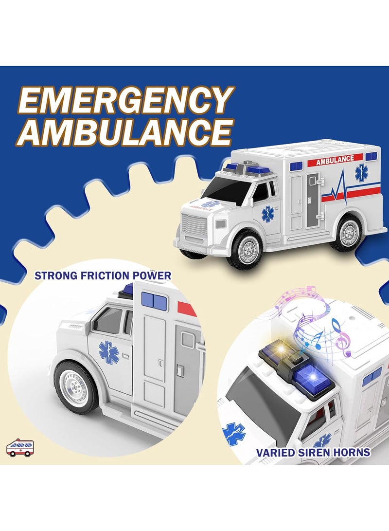 EBBO Fire Truck Playset, Ambulance, Police Car, Helicopter, Emergency Truck with Lights and Sounds, Friction Powered Car Toy for Boys - Image 2
