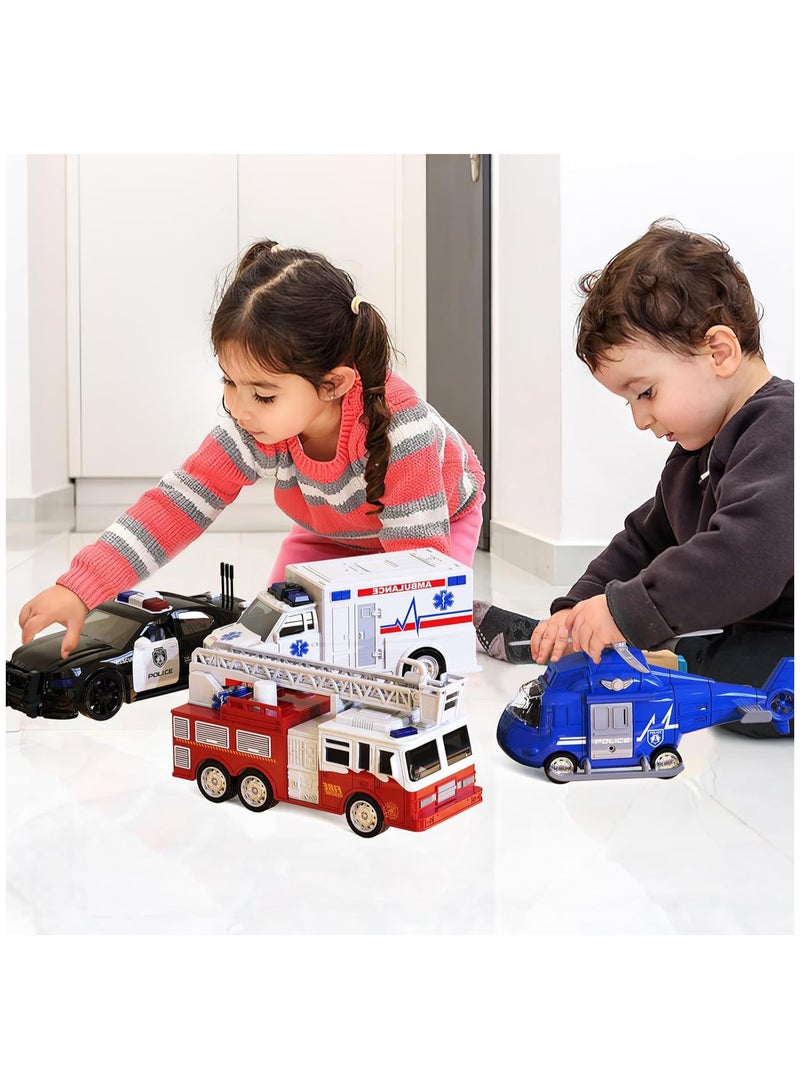 EBBO Fire Truck Playset, Ambulance, Police Car, Helicopter, Emergency Truck with Lights and Sounds, Friction Powered Car Toy for Boys - Image 4