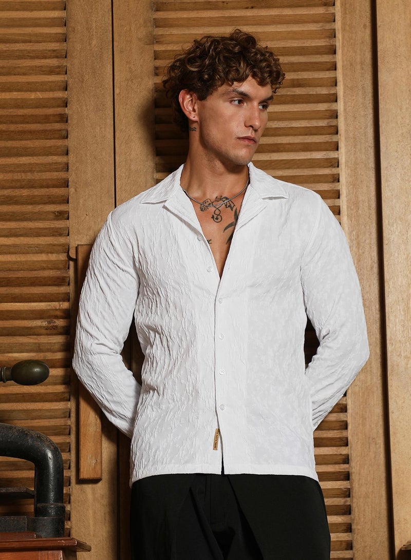 Campus Sutra Men's Daisy White Textured-Cuban Shirt For Casual Wear | Cuban Collar | Long Cuffed Sleeves | Button Closure | Shirt Crafted With Comfort Fit For Everyday Wear - Image 2