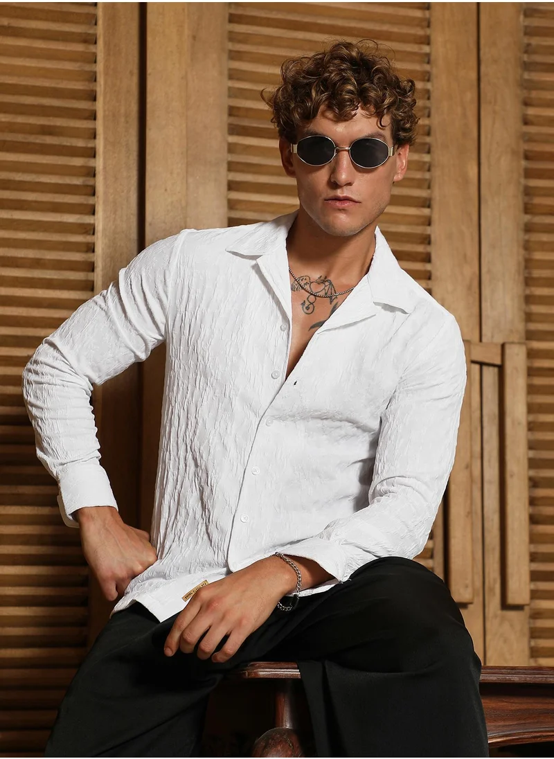 كامبوس سوترا Men's Daisy White Textured-Cuban Shirt For Casual Wear | Cuban Collar | Long Cuffed Sleeves | Button Closure | Shirt Crafted With Comfort Fit For Everyday Wear