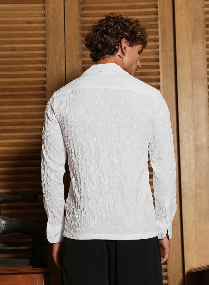 Campus Sutra Men's Daisy White Textured-Cuban Shirt For Casual Wear | Cuban Collar | Long Cuffed Sleeves | Button Closure | Shirt Crafted With Comfort Fit For Everyday Wear - Image 5