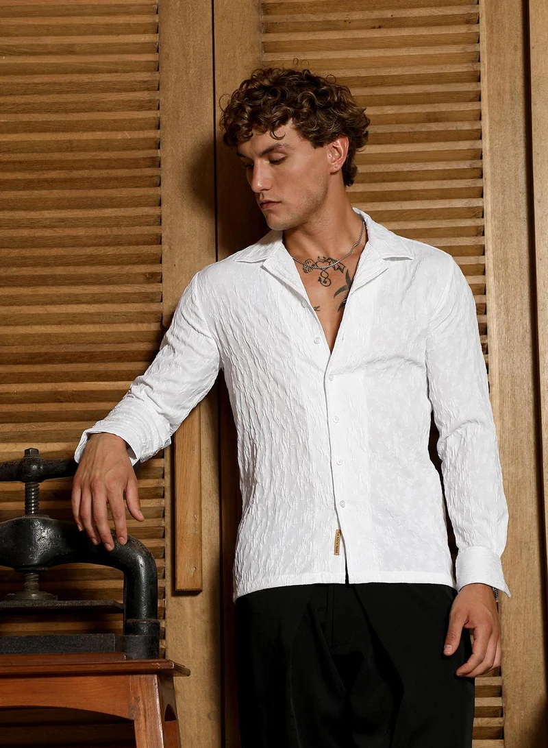 Campus Sutra Men's Daisy White Textured-Cuban Shirt For Casual Wear | Cuban Collar | Long Cuffed Sleeves | Button Closure | Shirt Crafted With Comfort Fit For Everyday Wear
