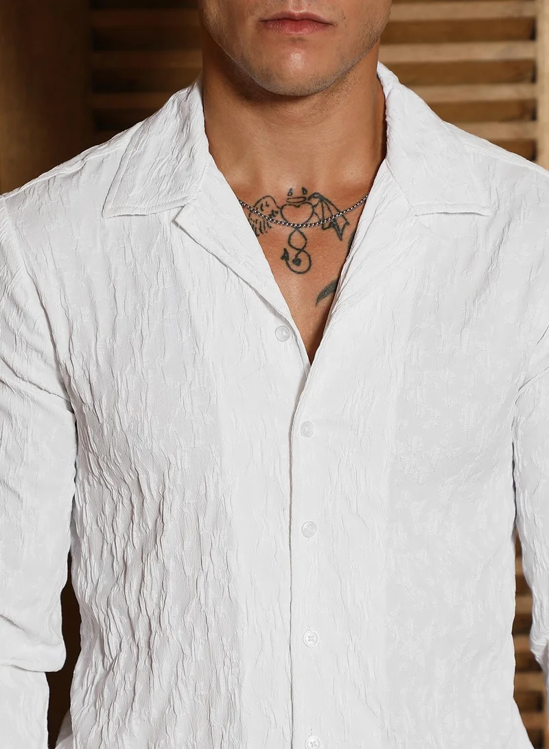 Campus Sutra Men's Daisy White Textured-Cuban Shirt For Casual Wear | Cuban Collar | Long Cuffed Sleeves | Button Closure | Shirt Crafted With Comfort Fit For Everyday Wear