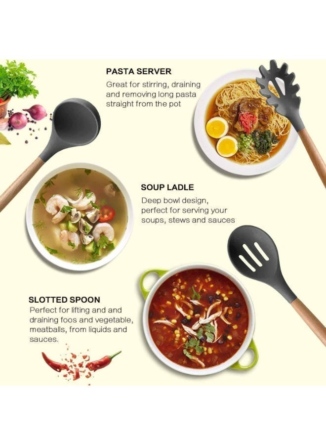 Aideli 14 Pcs Silicone Cooking Utensils Set Heat Resistant Kitchen Tools BPA Free Nonstick Cookware Safe Spatula Spoon Set with Wooden Handle Dark Grey - Image 4