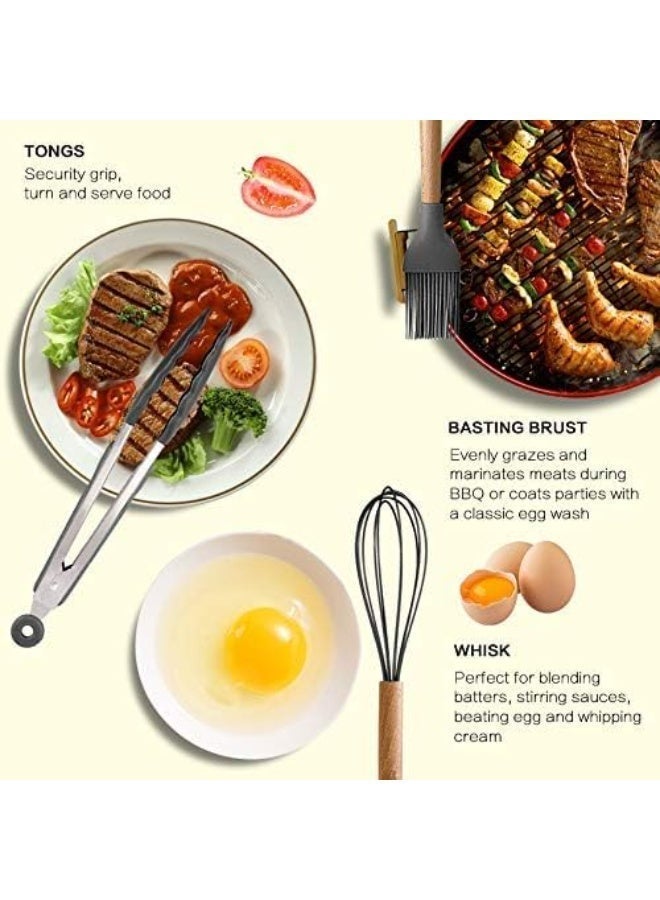 Aideli 14 Pcs Silicone Cooking Utensils Set Heat Resistant Kitchen Tools BPA Free Nonstick Cookware Safe Spatula Spoon Set with Wooden Handle Dark Grey - Image 3
