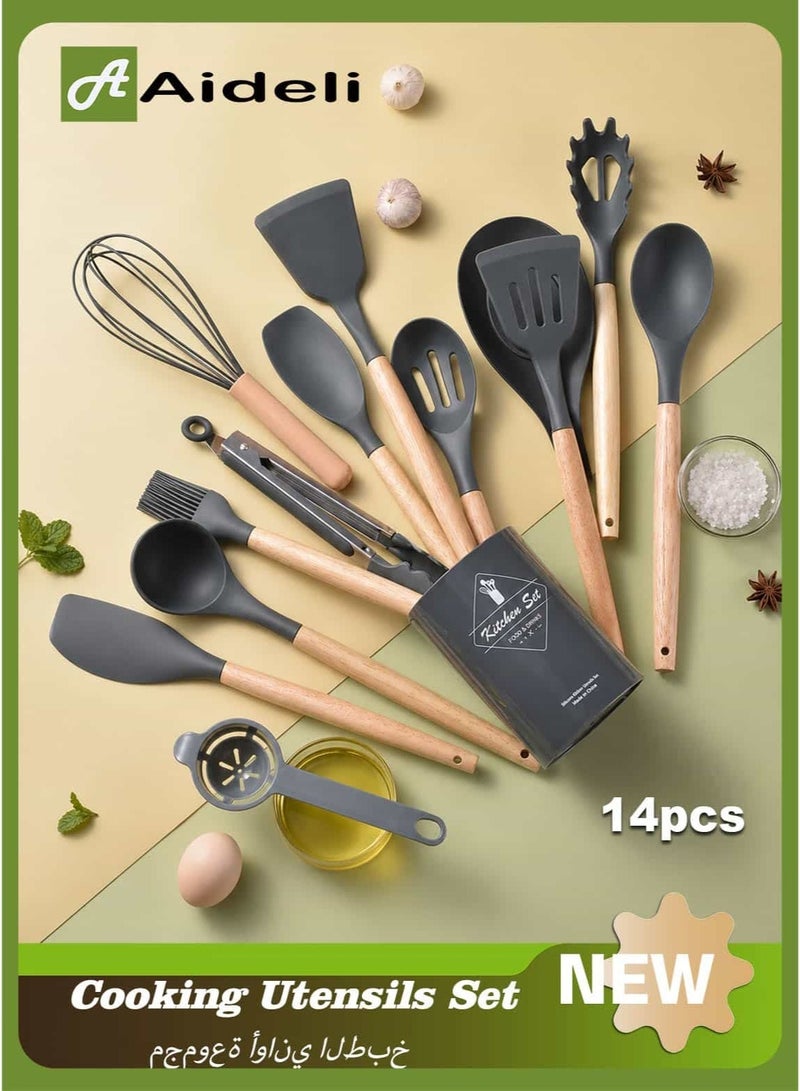 Aideli 14 Pcs Silicone Cooking Utensils Set Heat Resistant Kitchen Tools BPA Free Nonstick Cookware Safe Spatula Spoon Set with Wooden Handle Dark Grey - Image 1