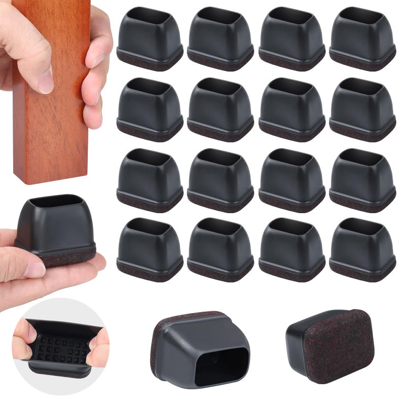 Ezprotekt 16 Pcs Rectangle Black Silicone Chair Leg Floor Protectors With Felt, Rectangle Chair Leg Caps, Furniture Leg Covers Cups For Chair Table Desk, Anti- Scratches (Fit L :1.3-1.7"", W: 0.6-0.9"") - Image 1