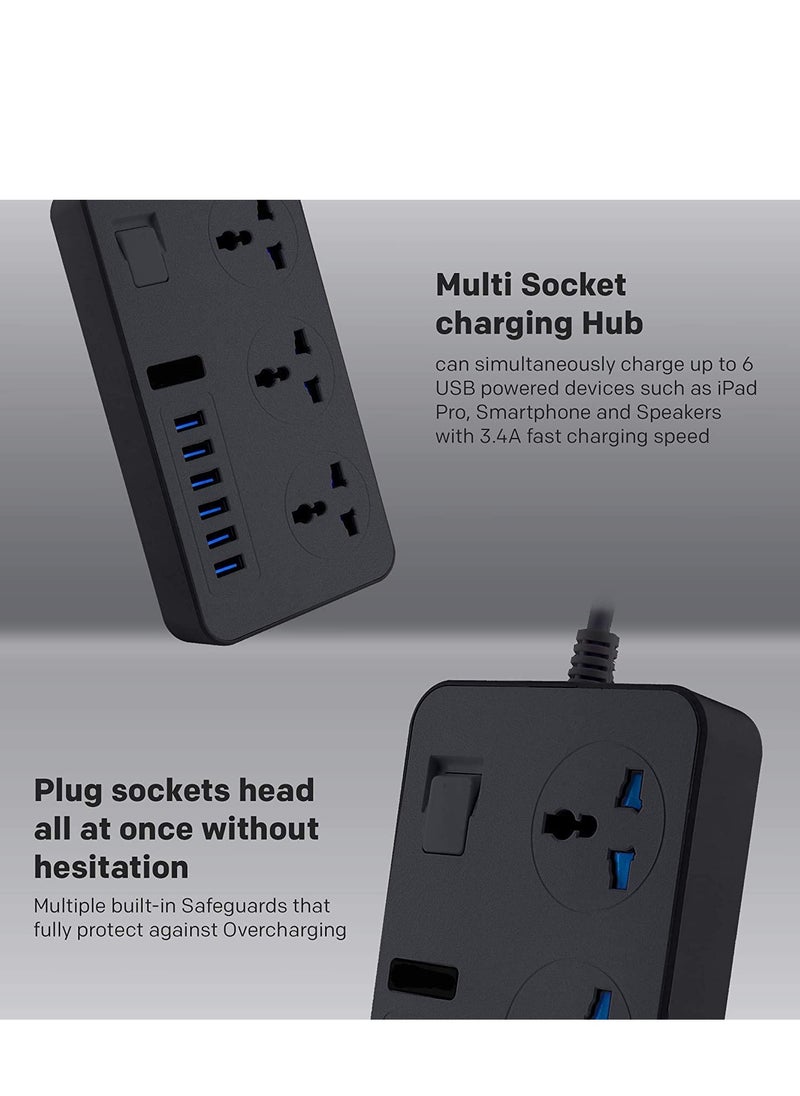 Generic - Universal Power Strips 3 Way Outlets 6 USB Plug Ports Surge Protection Power Socket Switch Portable Charger with 2M Wall Plug Adapter Extension Cord with Fuse and Shutter Extension Lead - Image 1