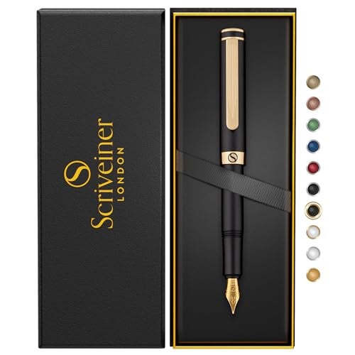 Scriveiner Luxury EDC Fountain Pen (Fine), Stunning Black Pocket Pen with Real Gold Finish, Schmidt Gilded Nib, Ink Converter, Best Writing Gift Set for Men & Women, Nice Fancy Office Designer Gift - Image 1