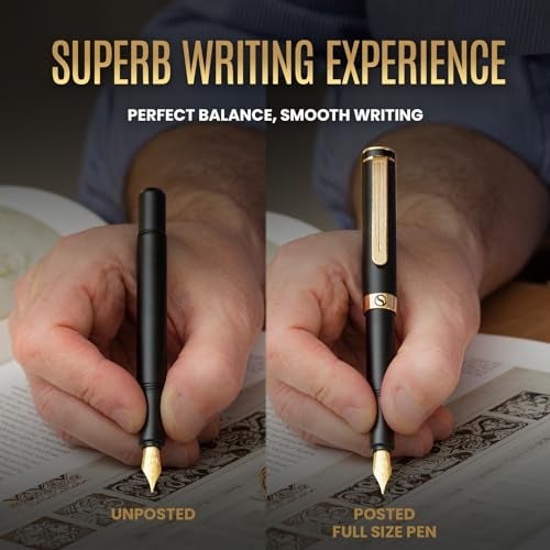 Scriveiner Luxury EDC Fountain Pen (Fine), Stunning Black Pocket Pen with Real Gold Finish, Schmidt Gilded Nib, Ink Converter, Best Writing Gift Set for Men & Women, Nice Fancy Office Designer Gift - Image 5