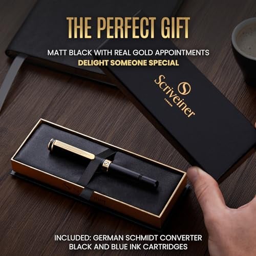 Scriveiner Luxury EDC Fountain Pen (Fine), Stunning Black Pocket Pen with Real Gold Finish, Schmidt Gilded Nib, Ink Converter, Best Writing Gift Set for Men & Women, Nice Fancy Office Designer Gift - Image 3