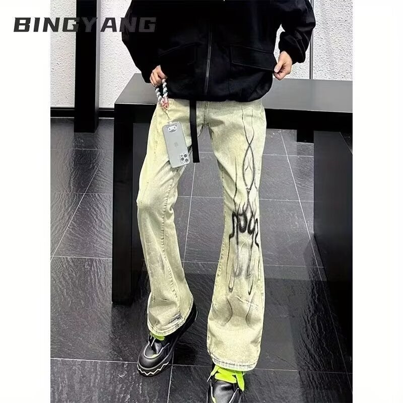 Hong Kong Style Trendy Men'S 2024 Personalized Letter Jeans Hip-Hop Ins Trendy High Street Trendy Trousers - Image 1