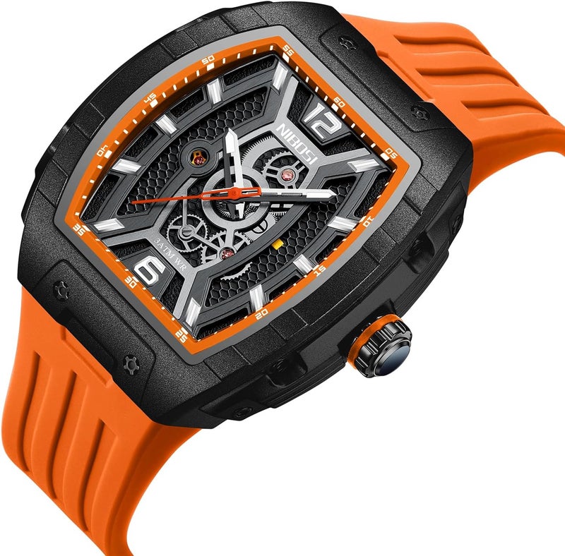 NIBOSI Men's Fashion Big Dial Waterproof Analog Quartz Watch with Silicone Strap - A08 Orange - Image 2