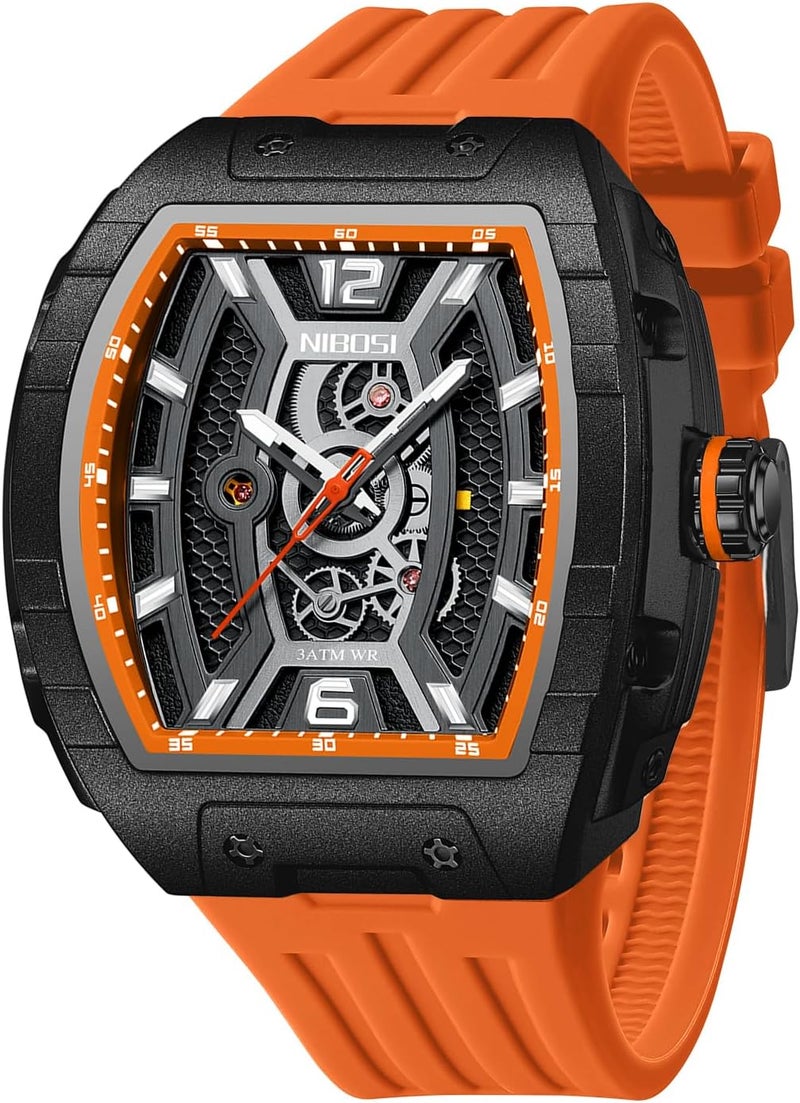 NIBOSI Men's Fashion Big Dial Waterproof Analog Quartz Watch with Silicone Strap - A08 Orange - Image 1