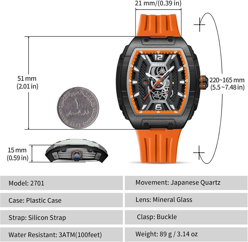 NIBOSI Men's Fashion Big Dial Waterproof Analog Quartz Watch with Silicone Strap - A08 Orange - Image 3
