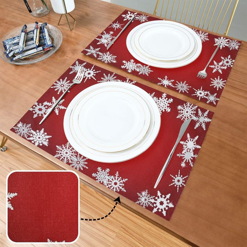 Bolaz Red Christmas Snowflake Abstract Placemats Washable Table Place Mats for Kitchen Dining Home Table Decoration 12 x 18 inchesSet of 4 - Image 2