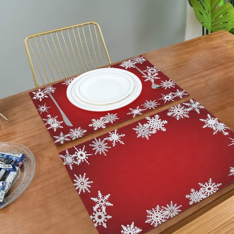 Bolaz Red Christmas Snowflake Abstract Placemats Washable Table Place Mats for Kitchen Dining Home Table Decoration 12 x 18 inchesSet of 4 - Image 5