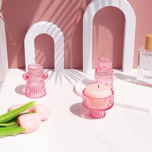 Toptime Candlestick Holders Set of 6, Ribbed Glass Taper Candle Holders, Reversible Pink Tealight & Candle Stick Candle Holder Vintage Crystal Tapered Candlestick for Wedding Dinner Party Festival - Image 3